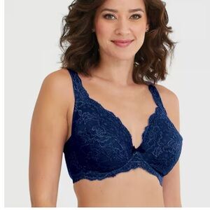 Navy Blue Lace Full Coverage Bra Women Adjustable Straps Underwire Midnight 42D